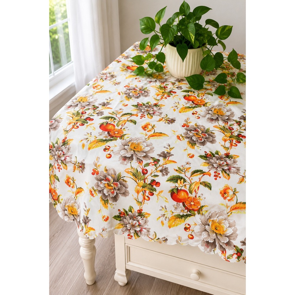 Vintage White Floral Fruit Tablecloth Scalloped Edge Cottagecore Farmhouse Retro